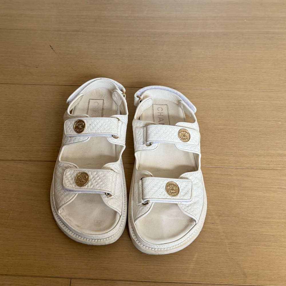 [CHANEL]★Velcro Sandals★White 38 Chanel CC Velcro Dad Sandals